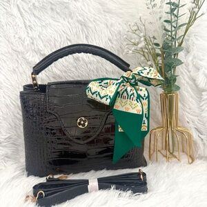 Black Croc-Embossed Top-Handle Crossbody Bag (scarf no longer on)